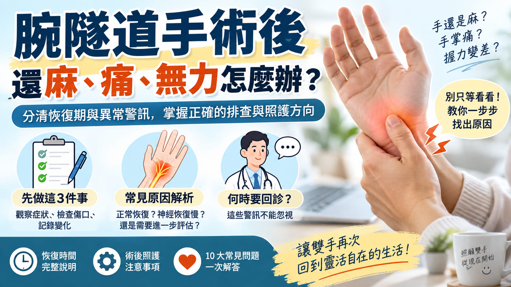 腕隧道手術後還麻、痛、無力怎麼辦?恢復期、異常警訊與排查重點