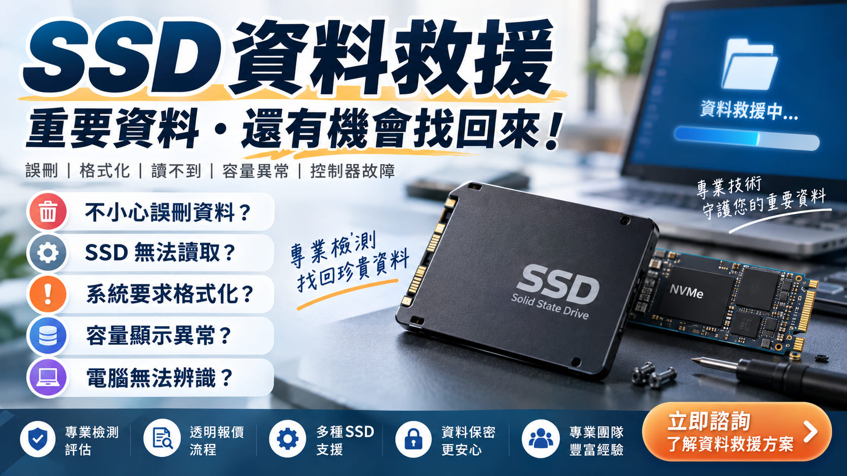 SSD資料救援怎麼處理?從故障判斷、送修流程到資料救援公司挑選一次看懂