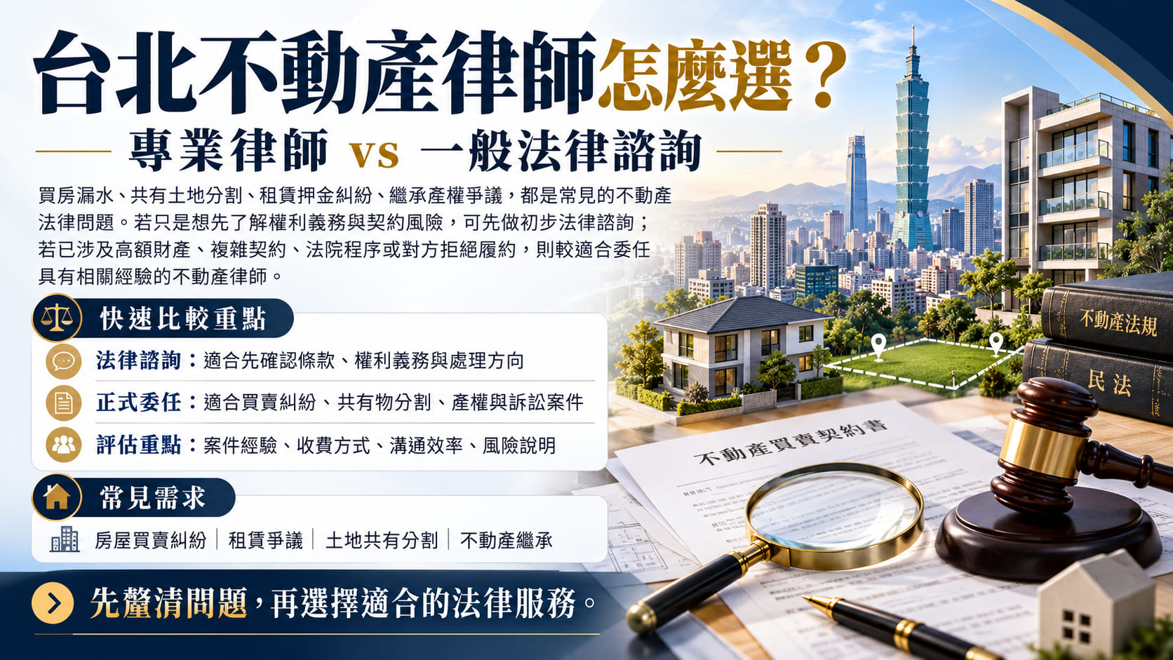 台北不動產律師怎麼選?專業律師 vs 一般法律諮詢,服務差異、費用與委任重點比較